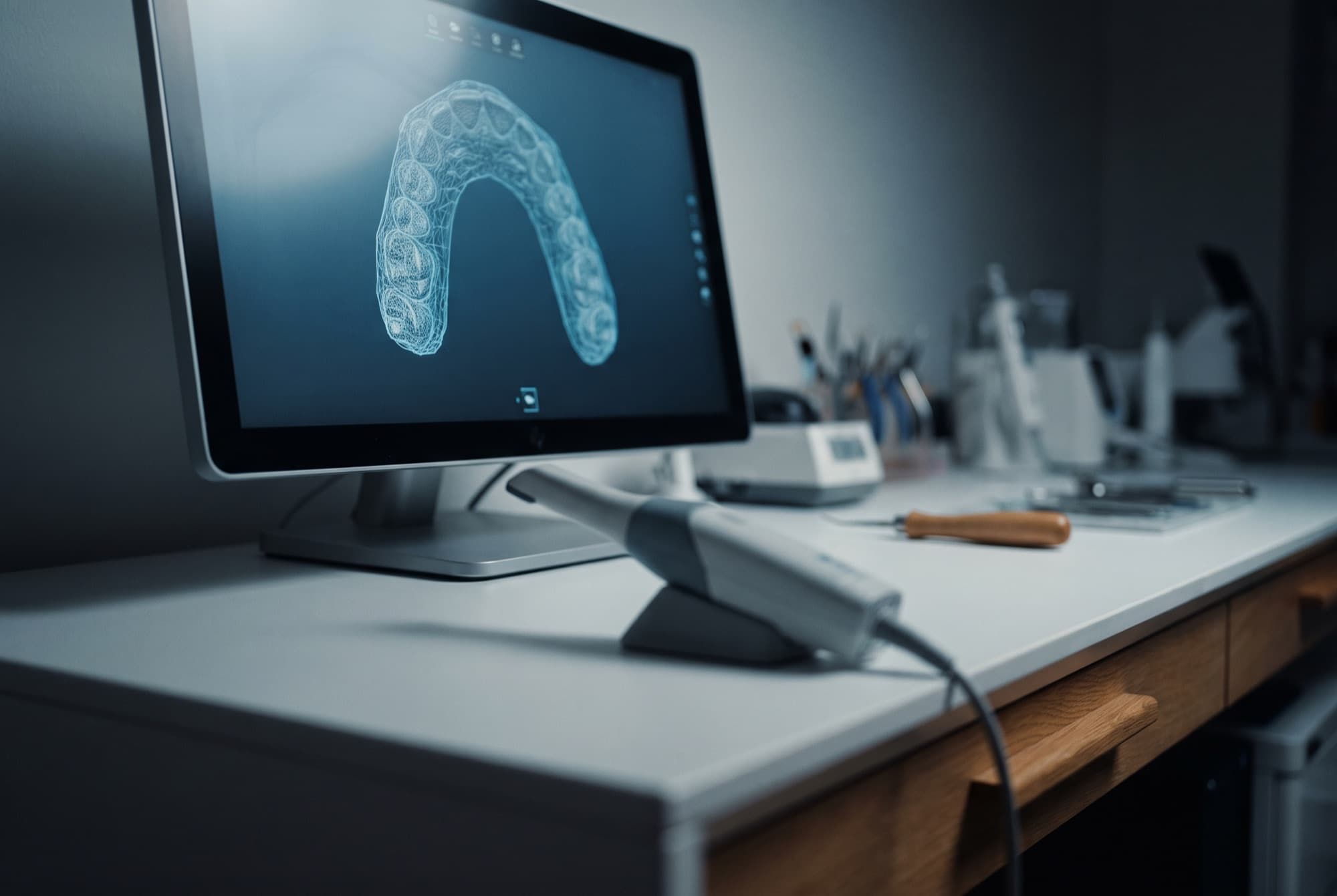 Digitaler 3D-Abdruck des Gebisses, der sich neben dem Intraoralscanner am Bildschirm dreht